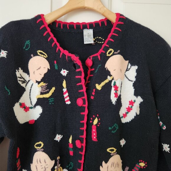 Vintage Angel Christmas Cardigan Sweater Black Red Winter Holiday Party Grandma - Picture 3 of 10